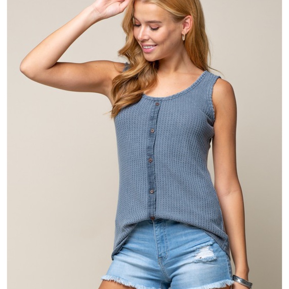 Spring Tops Washed Denim Blue Tank Waffle Knit Top Summer Tanks